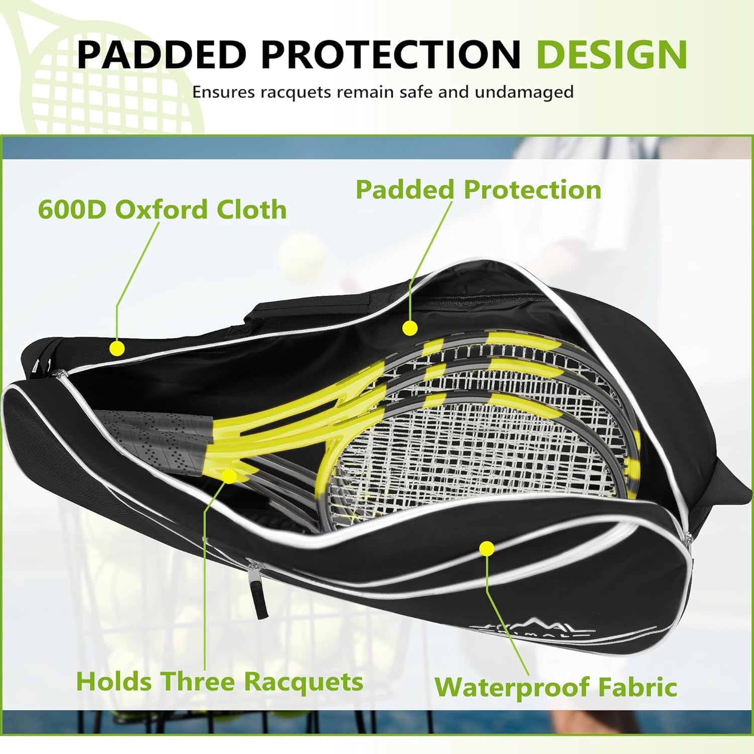 Himal 3 Racquet Tennis-Bag Premium Tennis-Racket-Bag with Protective Pad, Professional or Beginner Tennis Players, Lightweight Tennis Bag for All Ages,Black